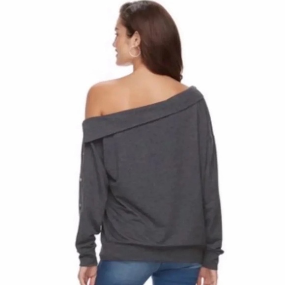 (NWT) Jennifer Lopez Women’s Embellished Soft One-Shoulder Gray Shirt - Picture 2 of 8